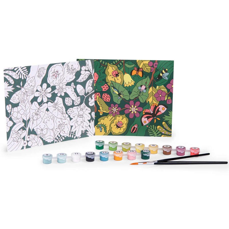Set di 3 tavole a tema botanico da dipingere seguendo i numeri con i 16 colori e i 2 pennelli inclusi, per un'originale idea regalo per bambini