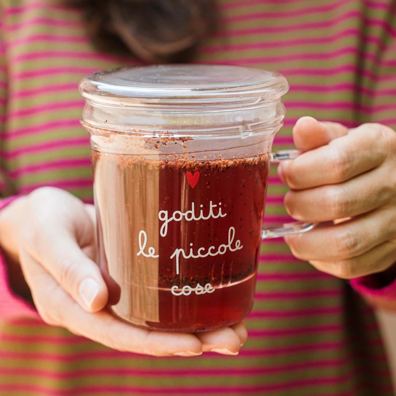 Tazza con mug con infusore in vetro borosilicato con scritta “Goditi le piccole cose”, una fantastica idea regalo per amanti del tè