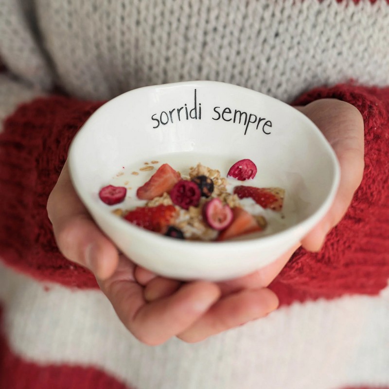 Set 2 coppette in gres bianco decorate con scritta 