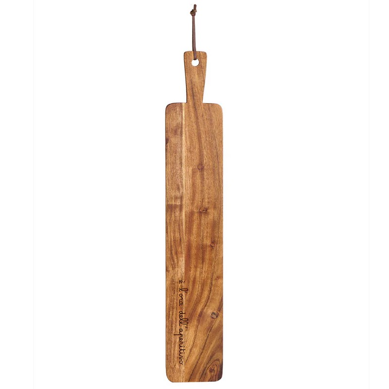 Tagliere in legno di acacia rettangolare lungo decorato con scritta “È l'ora dell'aperitivo”, una perfetta idea regalo di Natale