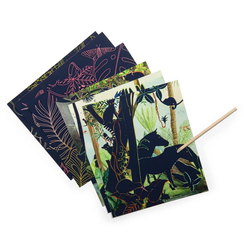 Gioco Scratch Art con 6 fogli decorati con sagome di animali da grattare per svelarli, per un'originale idea regalo per bambini! Stilo per grattare incluso