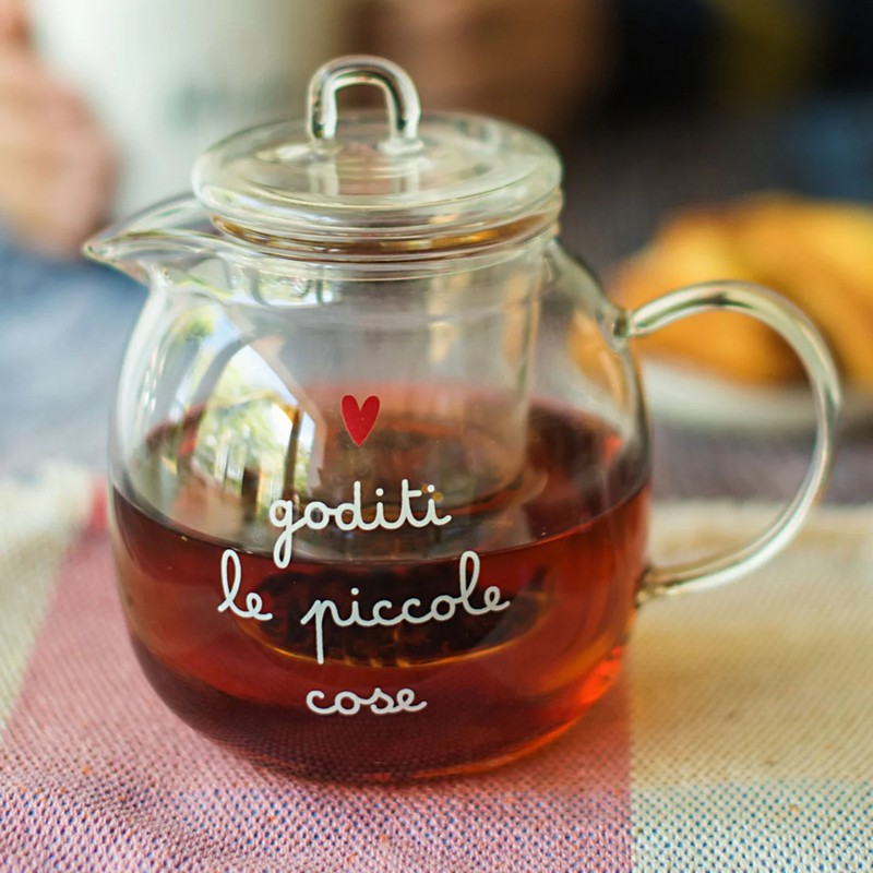 Teiera in vetro borosilicato da 1 litro decorata con scritta “Goditi le piccole cose”, una fantastica idea regalo donna e uomo
