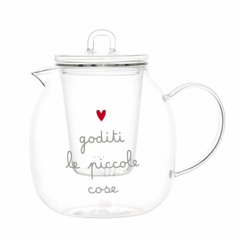 Teiera in vetro borosilicato da 1 litro decorata con scritta “Goditi le piccole cose”, una fantastica idea regalo donna e uomo