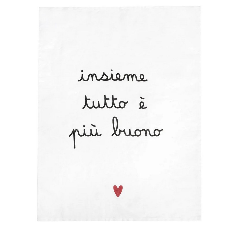 Strofinaccio bianco in lino decorato con scritta “Insieme è tutto più buono”