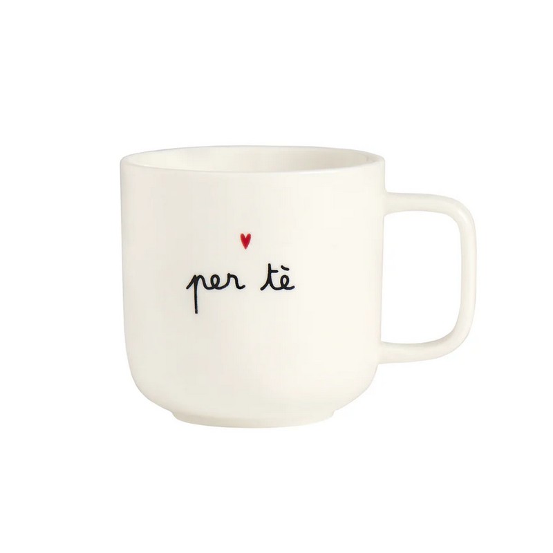 Tazza mug bianca in gres decorata con scritta “Per tè” e cuoricino, perfetta idea regalo per amanti di tè, tisane e infusi