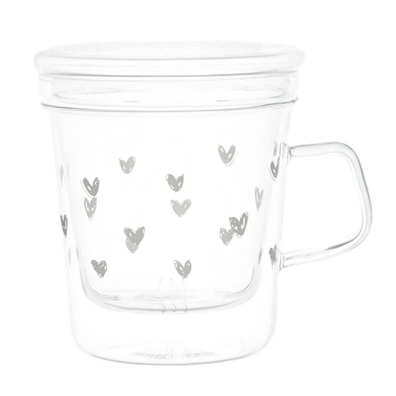 Tazza mug con infusore in vetro borosilicato decorata con tappezzeria di cuori, una perfetta idea regalo per amanti di tè, tisane e infusi