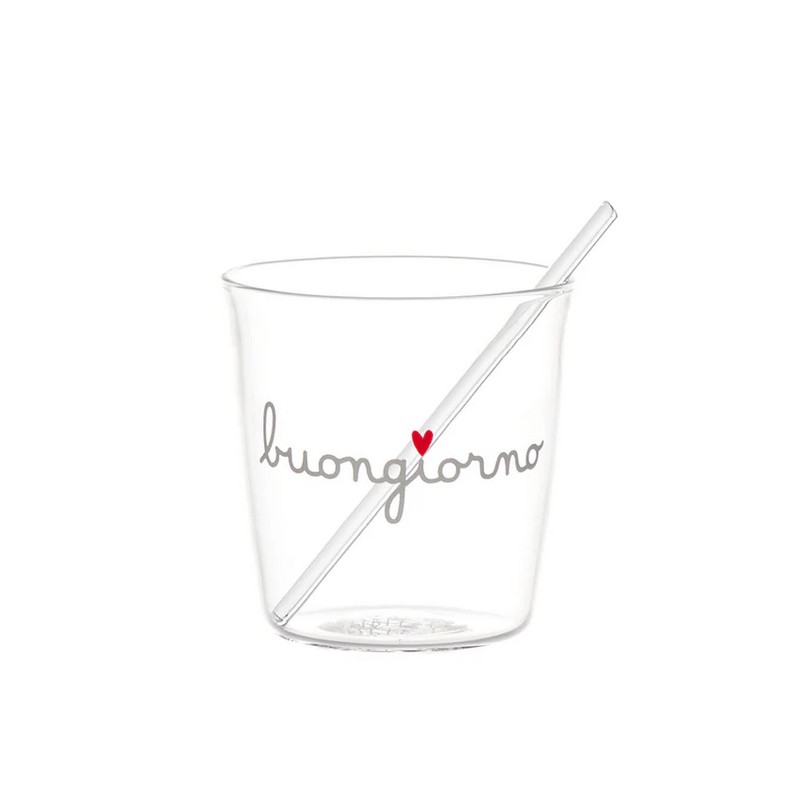 Set di 4 tazzine da caffè in vetro, con 4 palettine incluse, decorate con scritta “Buongiorno” e cuore, utilizzabili in lavastoviglie e microonde e perfetti come idea regalo per amanti del caffè