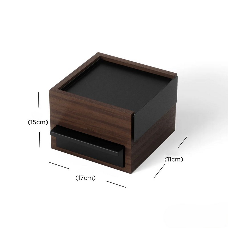 Portagioie da appoggio in legno di noce e metallo nero con 3 scomparti, un'elegantissima idea regalo per la casa