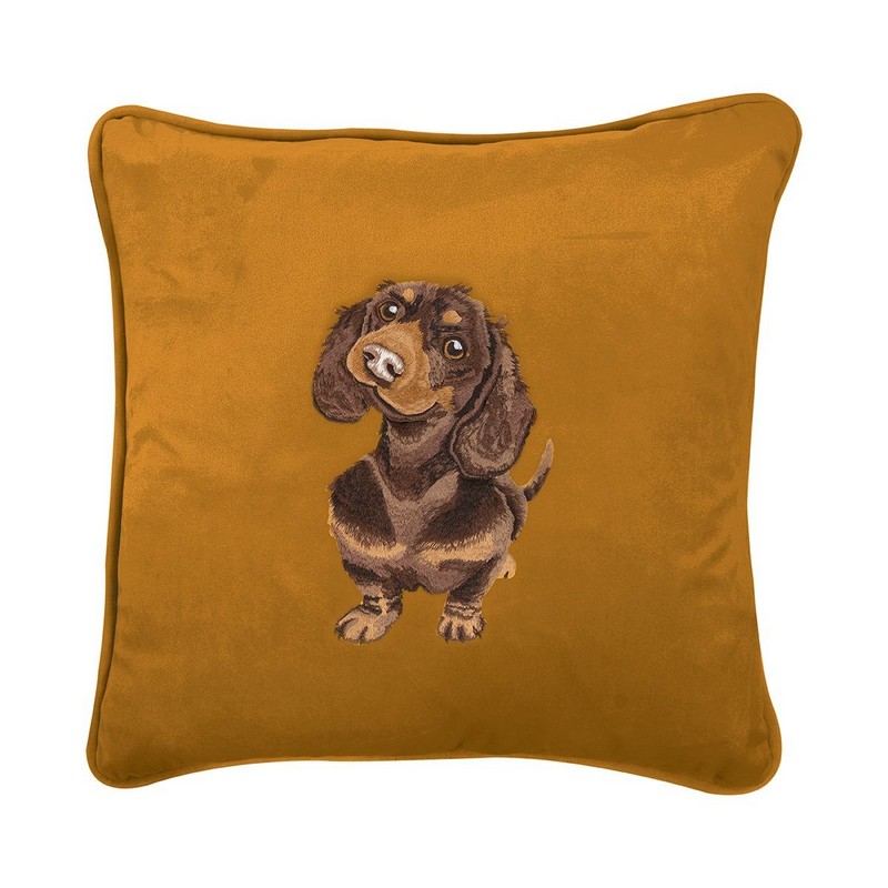 Cuscino con fodera ocra ricamata con bassotto, una fantastica idea regalo per la casa e per gli amanti dei cani!