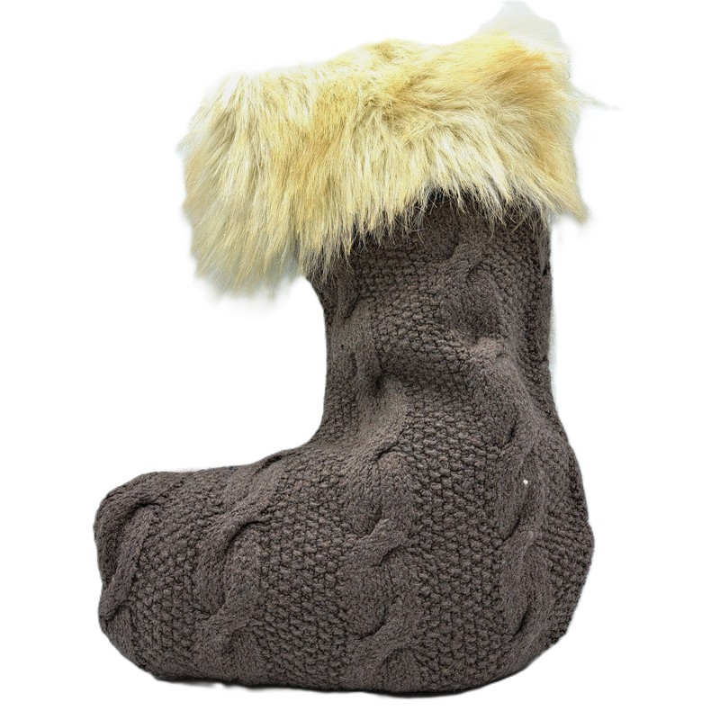 Calza della Befana in lana grigia con bordo in pelo e occhiello per essere appesa