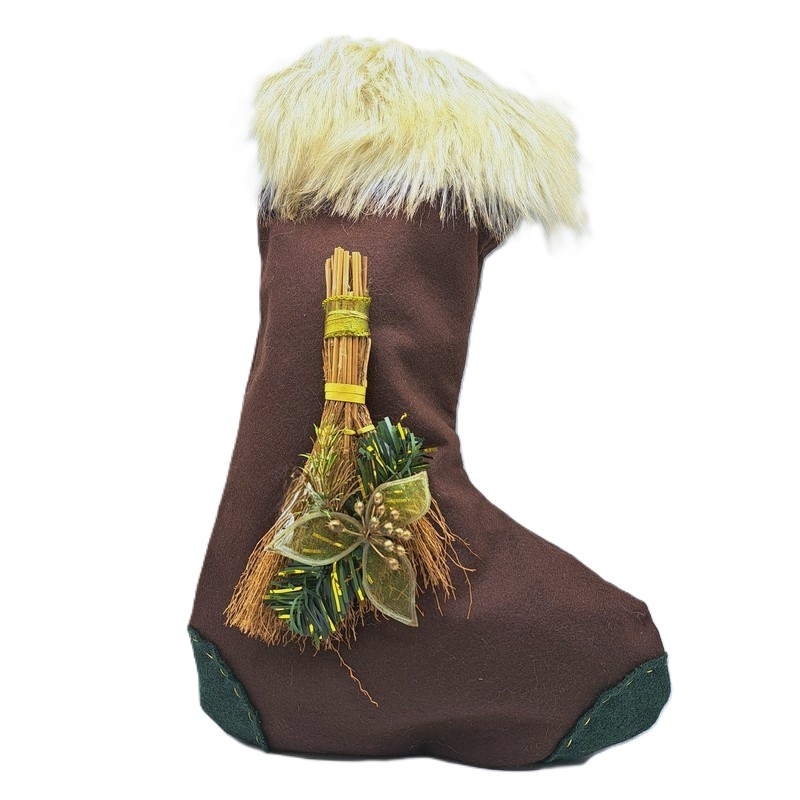 Calza della Befana marrone con scopa e occhiello per essere appesa