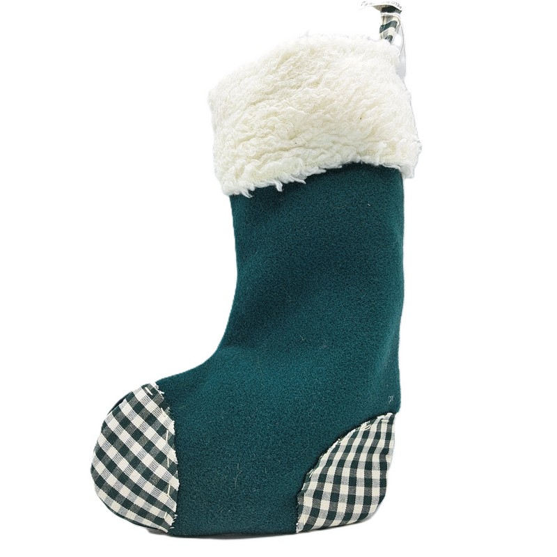 Calza della Befana verde petrolio con finitura in pelo e occhiello per essere appesa