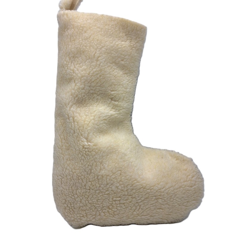 Calza della Befana bianca bouclé con retro marrone e occhiello per essere appesa