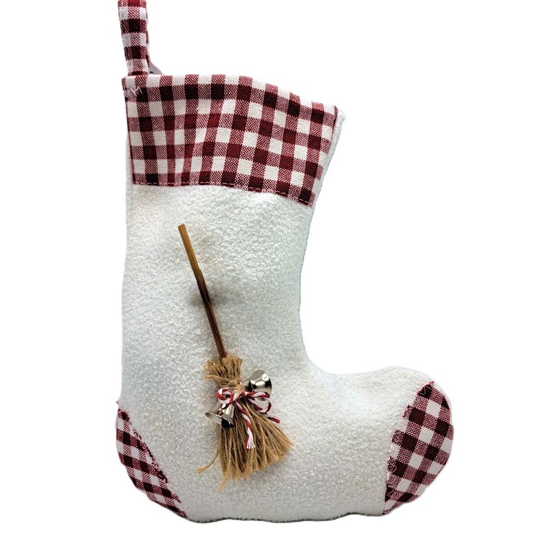 Calza della Befana bianca e rossa con scopa e occhiello per essere appesa