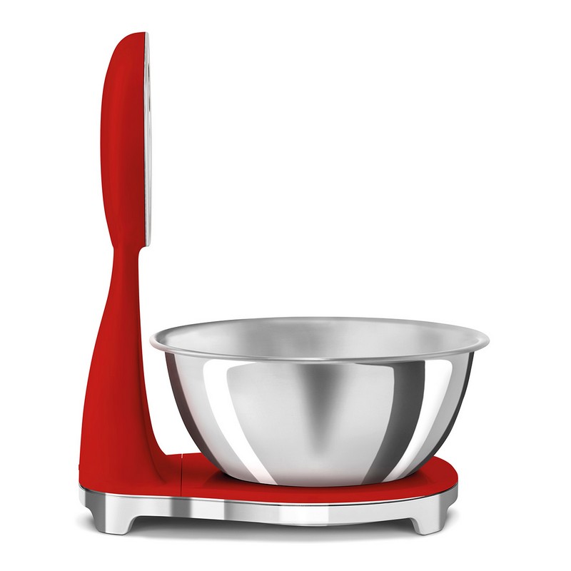 Bilancia Smeg vintage rossa con peso analogico e digitale e ciotola in acciaio, per un'idea regalo di pregio per ogni occasione