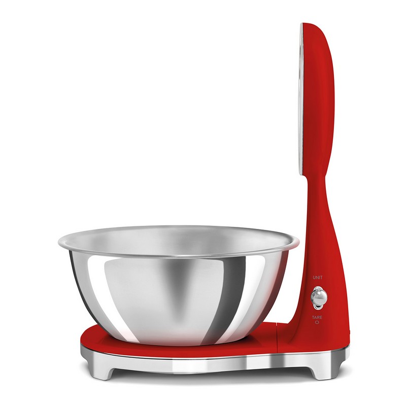 Bilancia Smeg vintage rossa con peso analogico e digitale e ciotola in acciaio, per un'idea regalo di pregio per ogni occasione