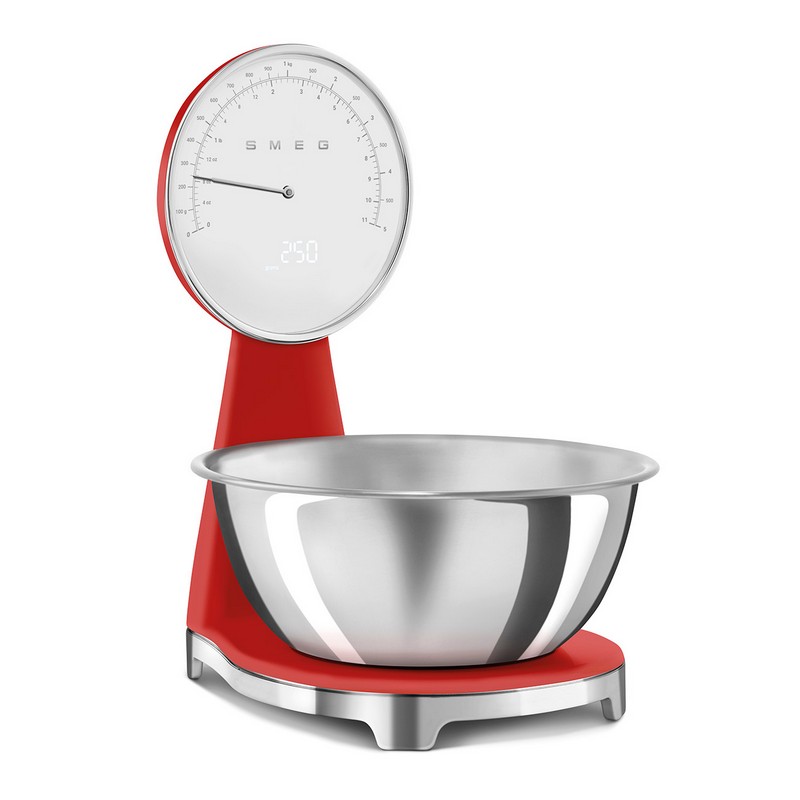 Bilancia Smeg vintage rossa con peso analogico e digitale e ciotola in acciaio, per un'idea regalo di pregio per ogni occasione