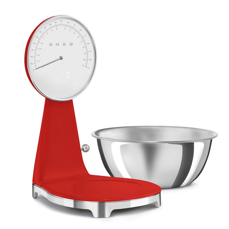 Bilancia Smeg vintage rossa con peso analogico e digitale e ciotola in acciaio, per un'idea regalo di pregio per ogni occasione