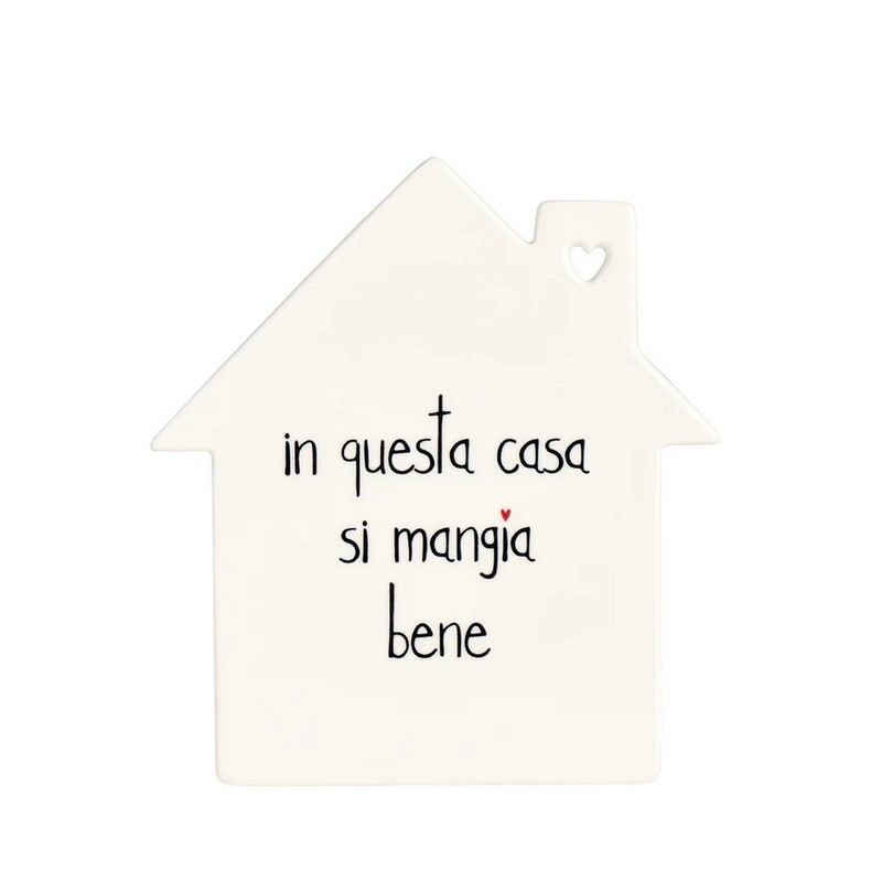 Sottopentola in ceramica a forma di casa decorato con scritta “In questa casa si mangia bene”, perfetto come idea regalo per la cucina