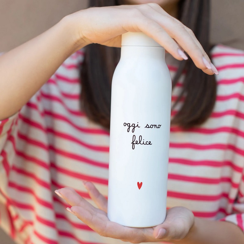 Borraccia termica bianca in acciaio da 500 ml con decoro “Oggi sono felice