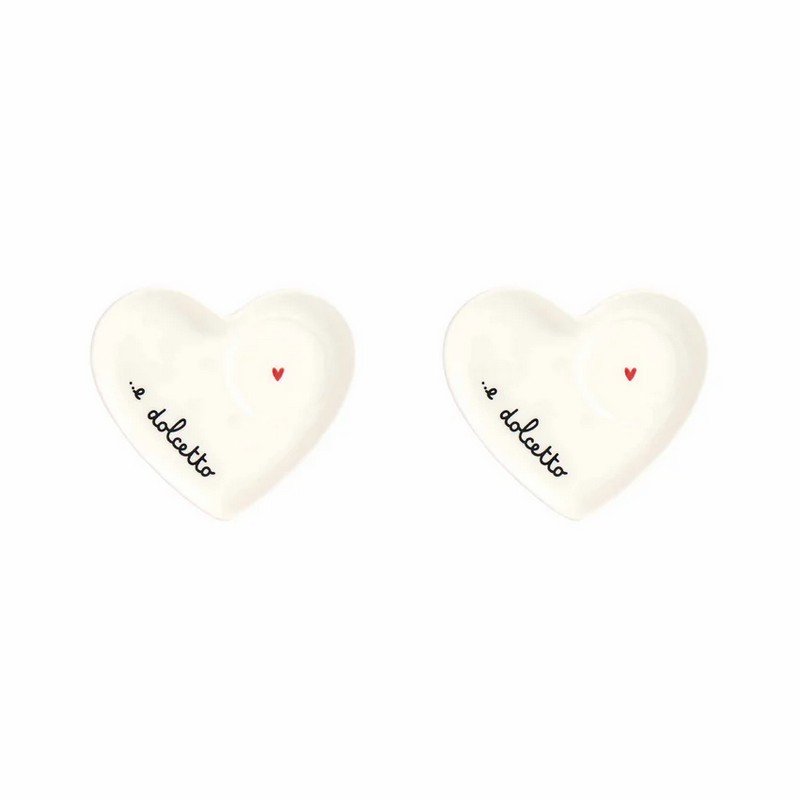 Set 2 piattini da caffè in ceramica a forma di cuore decorati con scritta “…E dolcetto”
