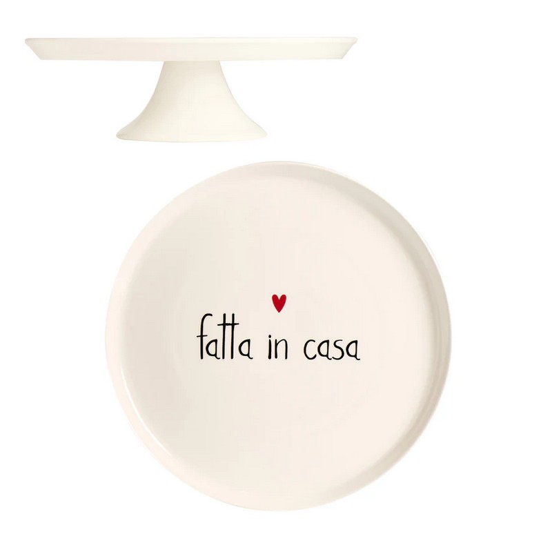 Alzata per dolci e torte in ceramica bianca decorata con scritta “Fatta in casa”, con cuore rosso e bordo rialzato, ideale come regalo per appassionati di dolci
