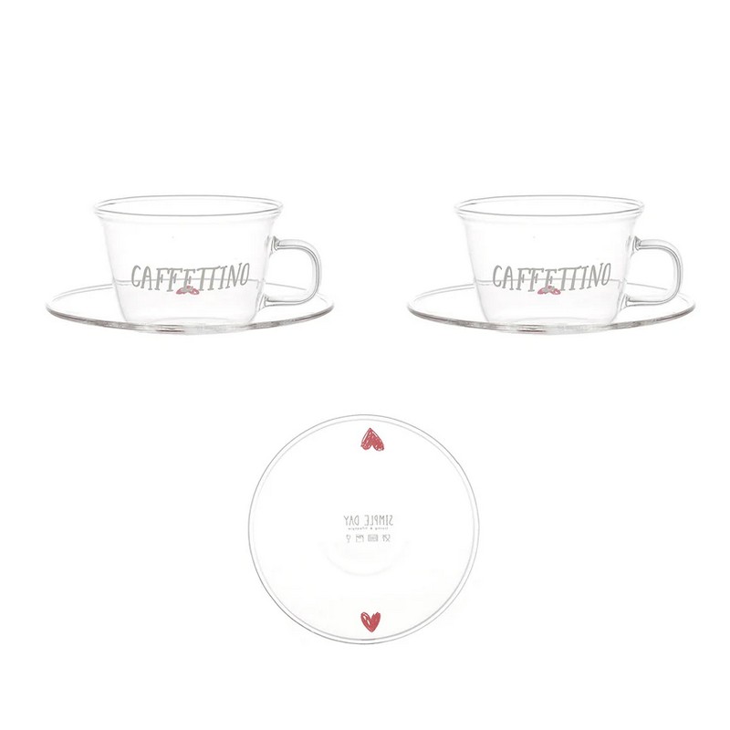 Set 2 tazzine da caffè in vetro borosilicato con scritta “Caffettino” con  2 piattini decorati con cuori, perfetto come idea regalo per amanti del caffè