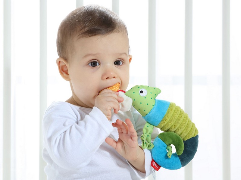 Gioco camaleonte peluche per neonati con inserti da masticare e sonagli, con possibilità di essere appeso, perfetto come idea regalo per nuovi nati