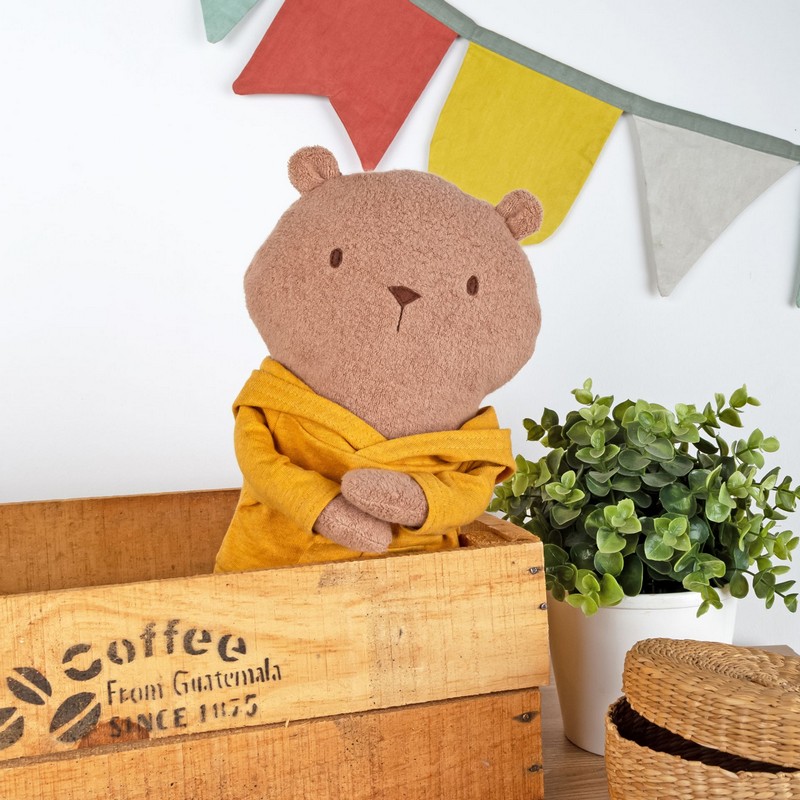 Peluche orsetto con felpa gialla removibile con tasca e cappuccio, perfetto come idea regalo per neonati e bambini