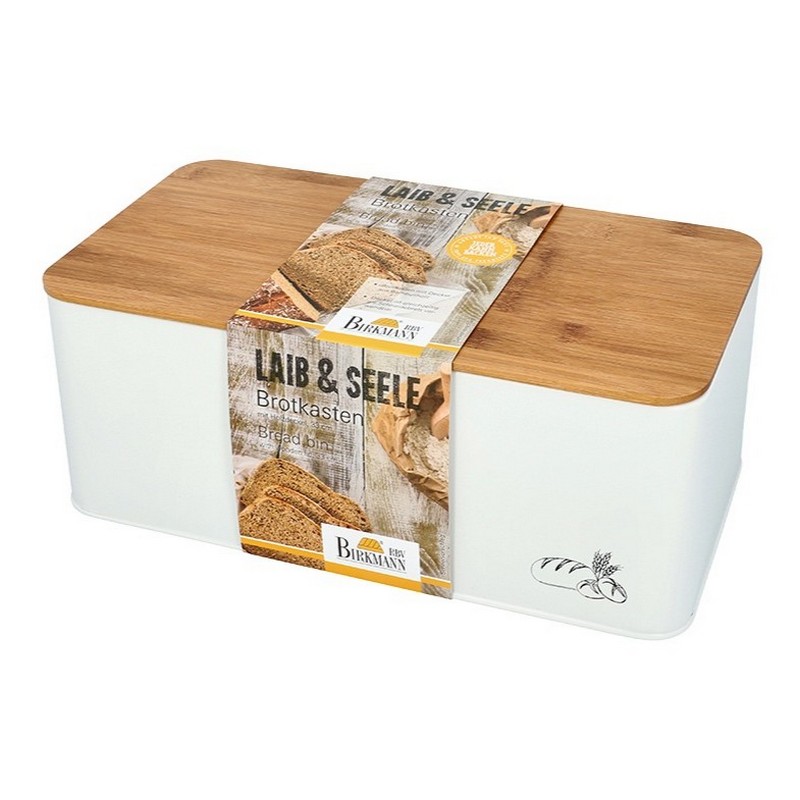 Portapane in latta bianca con coperchio in legno di bambù, ideale per la conservazione del pane e tanti altri alimenti