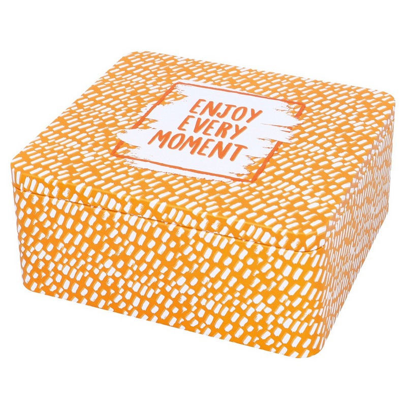 Scatola di latta arancione da cucina decorata con scritta “Enjoy every moment”