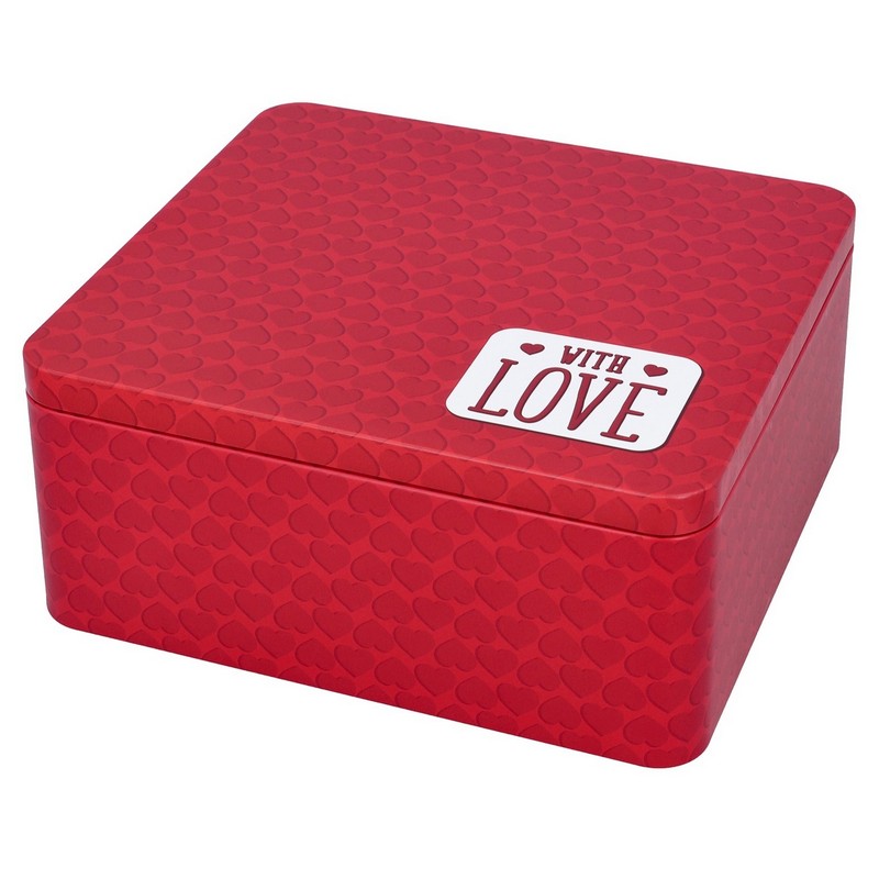 Scatola di latta rossa da cucina decorata con cuori e scritta “With love”
