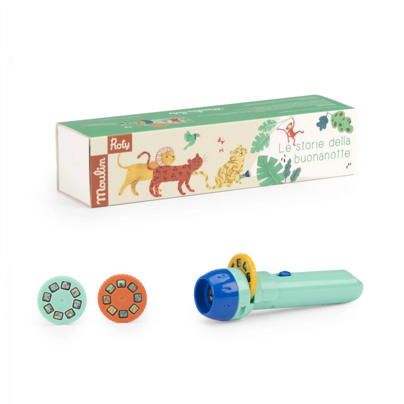 Torcia proietta storie con 3 dischi inclusi nella confezione per 3 storie diverse ambientate in una foresta, perfetta idea regalo per neonati e genitori