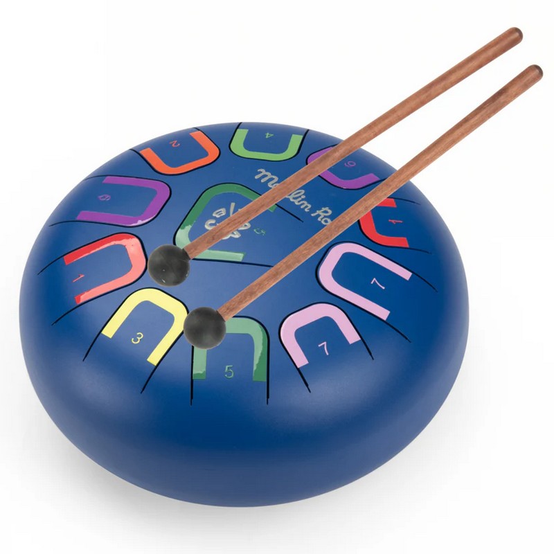 Tamburo a lingue in metallo (steel tongue drums) di colore blu grande, include bacchette, libretto con canzoni e borsa per il trasporto - una fantastica idea regalo per bambini!