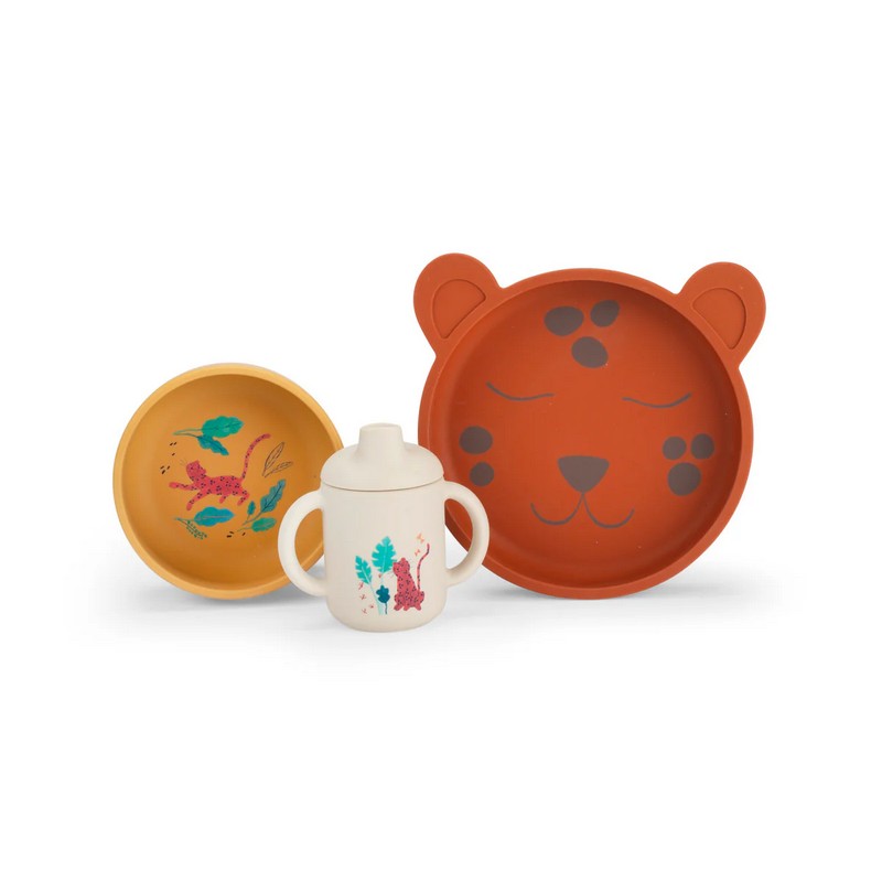 Set pappa da 3 pezzi in silicone alimentare contenente piatto, ciotola e tazza con manici, il tutto decorato con un leopardo, una fantastica idea regalo per bambini, neonati e neogenitori