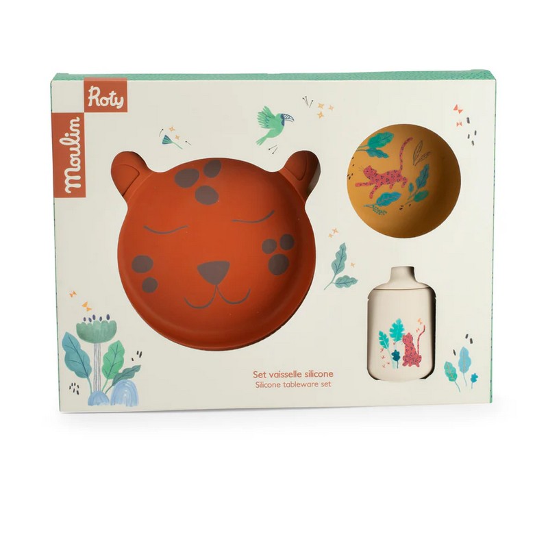 Set pappa da 3 pezzi in silicone alimentare contenente piatto, ciotola e tazza con manici, il tutto decorato con un leopardo, una fantastica idea regalo per bambini, neonati e neogenitori