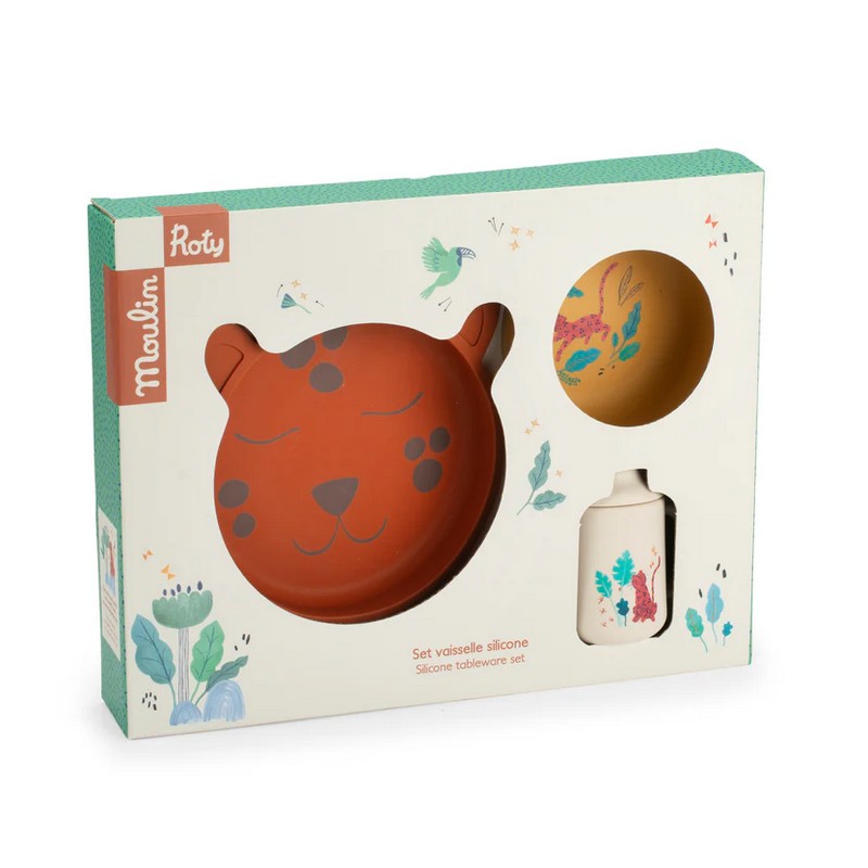 Set pappa da 3 pezzi in silicone alimentare contenente piatto, ciotola e tazza con manici, il tutto decorato con un leopardo, una fantastica idea regalo per bambini, neonati e neogenitori