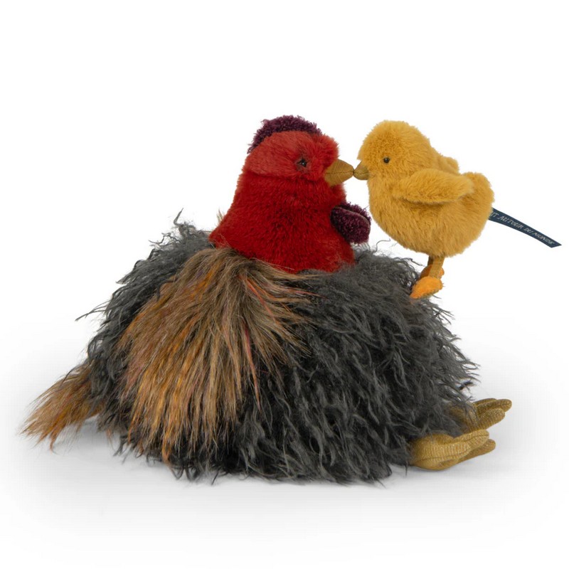 Peluche gallina a pelo lungo con testa rossa
