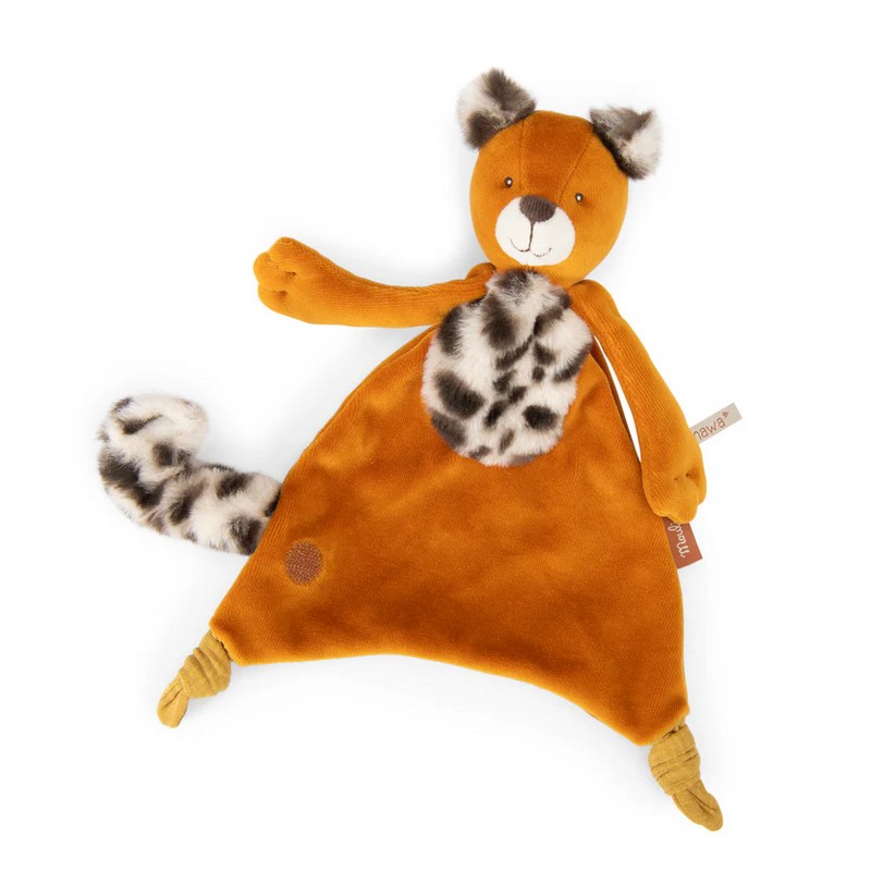 Doudou per neonato a forma di leopardo in scatola regalo decorata, con portaciuccio, una perfetta idea regalo sia per i nuovi nati che per i loro genitori
