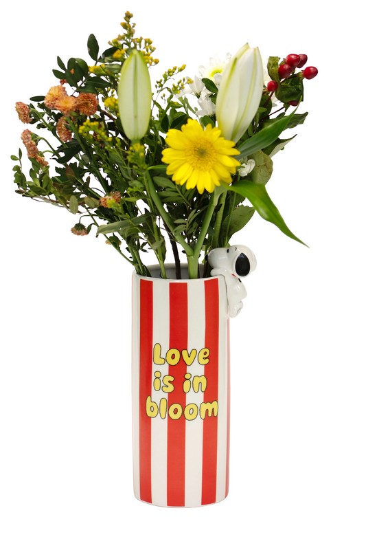 Vaso con Snoopy a righe bianche e rosse in ceramica con scritta “Love is in bloom”