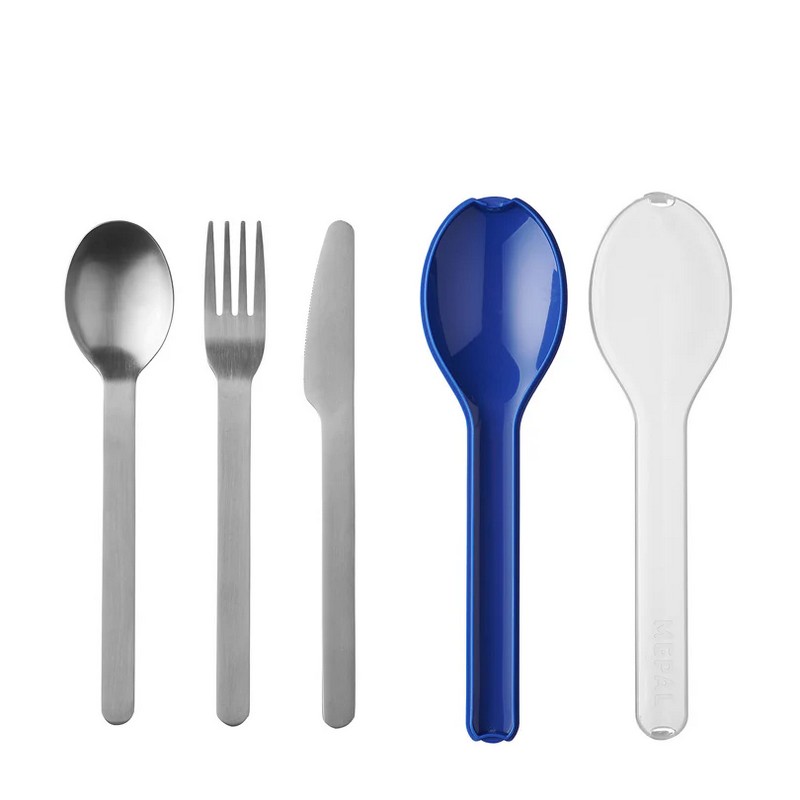 Set 3 posate da viaggio contenente forchetta, cucchiaio e coltello in acciaio inox in custodia blu in plastica compatta