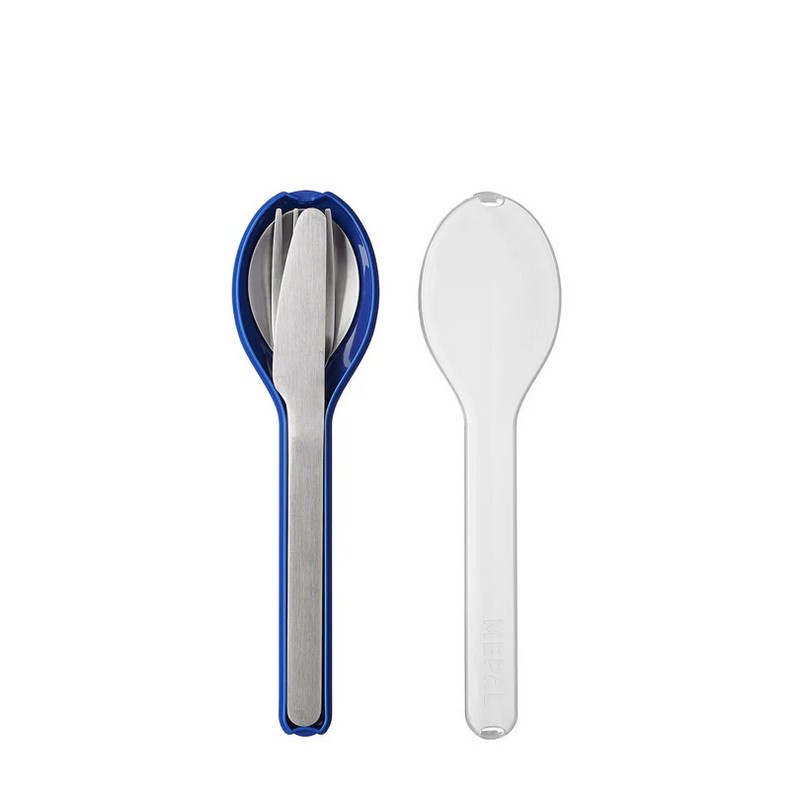 Set 3 posate da viaggio contenente forchetta, cucchiaio e coltello in acciaio inox in custodia blu in plastica compatta