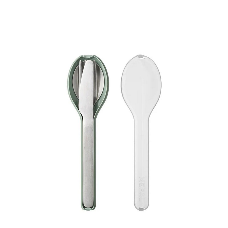Set 3 posate da viaggio contenente forchetta, cucchiaio e coltello in acciaio inox in custodia verde in plastica compatta