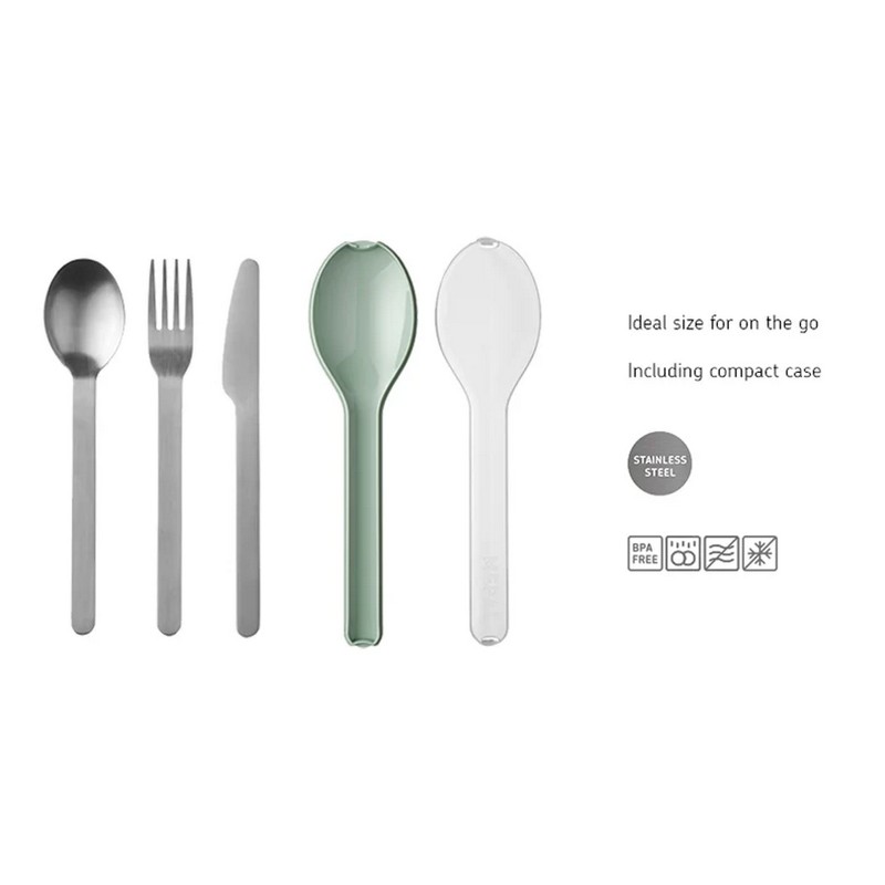 Set 3 posate da viaggio contenente forchetta, cucchiaio e coltello in acciaio inox in custodia verde in plastica compatta
