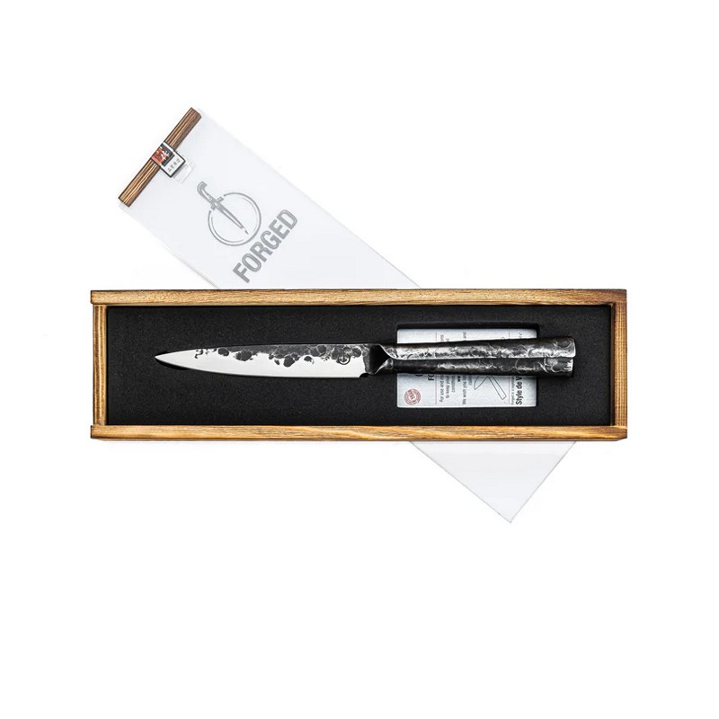 Coltello da cucina multiuso forgiato e martellato a mano contenuto in un elegante cofanetto di legno