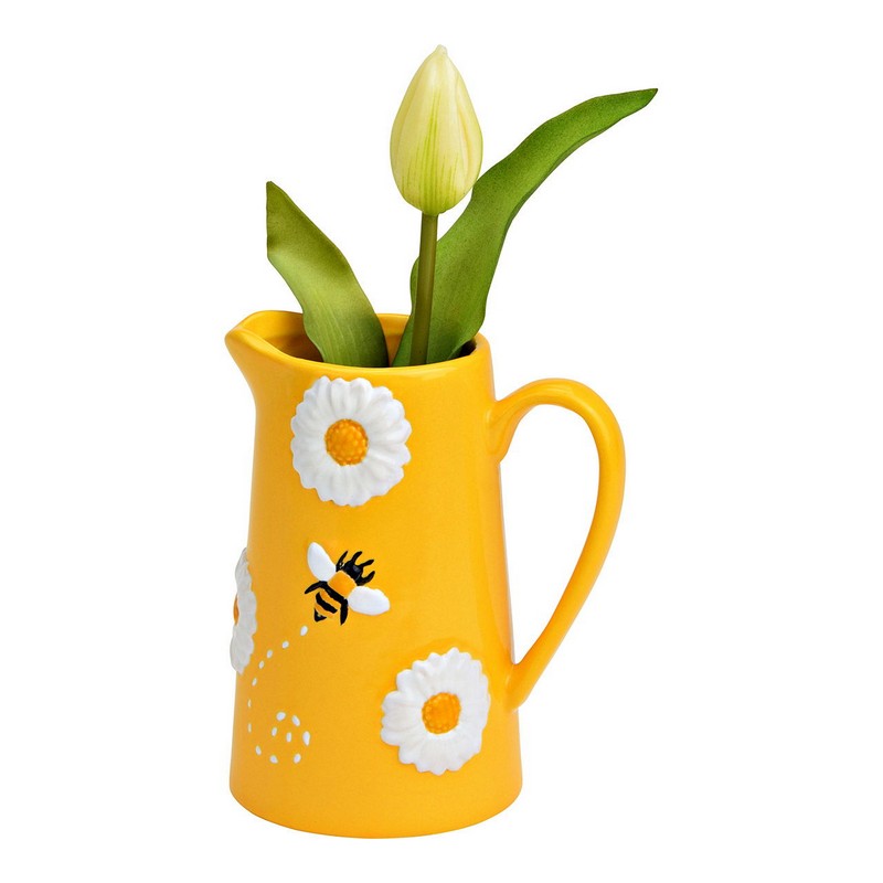 Vaso per fiori a forma di caraffa gialla decorata con margherite e ape