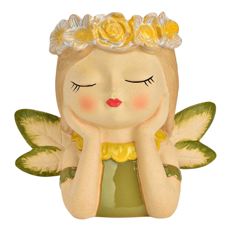 Vaso per fiori in ceramica a forma di fata con vestito verde e corona di fiori