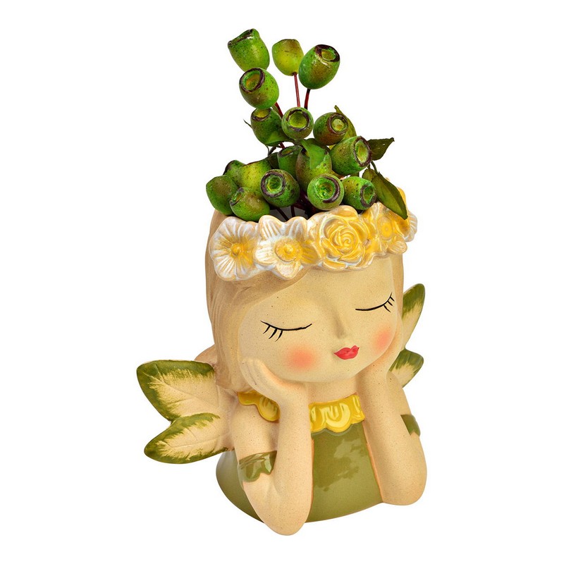 Vaso per fiori in ceramica a forma di fata con vestito verde e corona di fiori