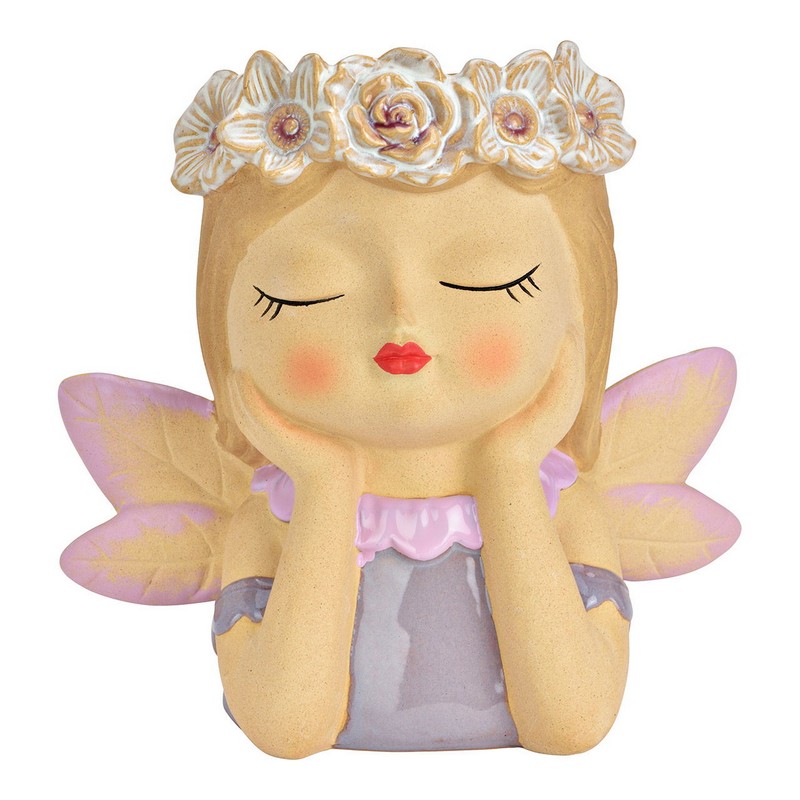 Vaso per fiori in ceramica a forma di fata con vestito viola e corona di fiori