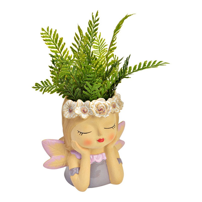 Vaso per fiori in ceramica a forma di fata con vestito viola e corona di fiori